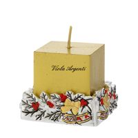 Candela Oro con Portacandela in Resina Argentata –con Decoro Agrifoglio - 2