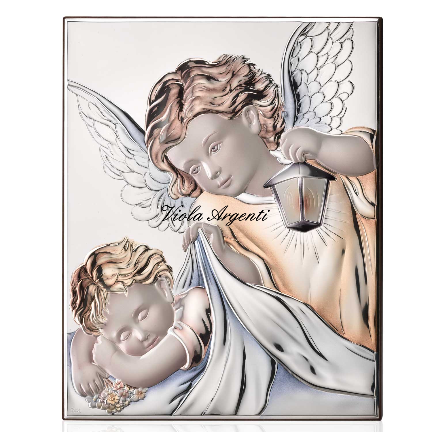 Quadro angelo protettore colorato in argento di . Argento online