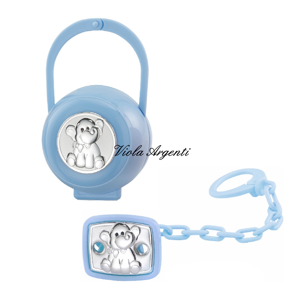Scatola e pinza ciuccio elefante azzurro di . Argento online