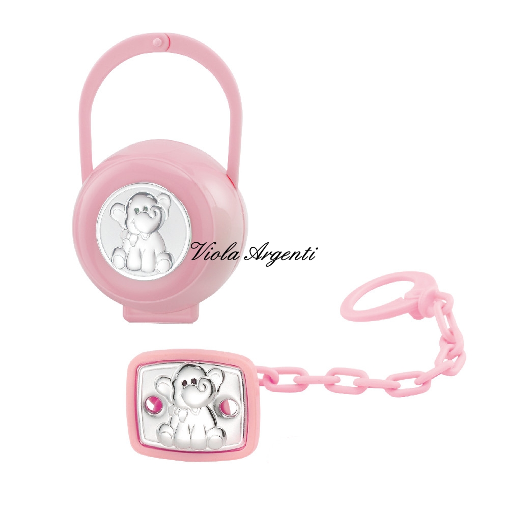 Scatola e pinza ciuccio elefante rosa di . Argento online