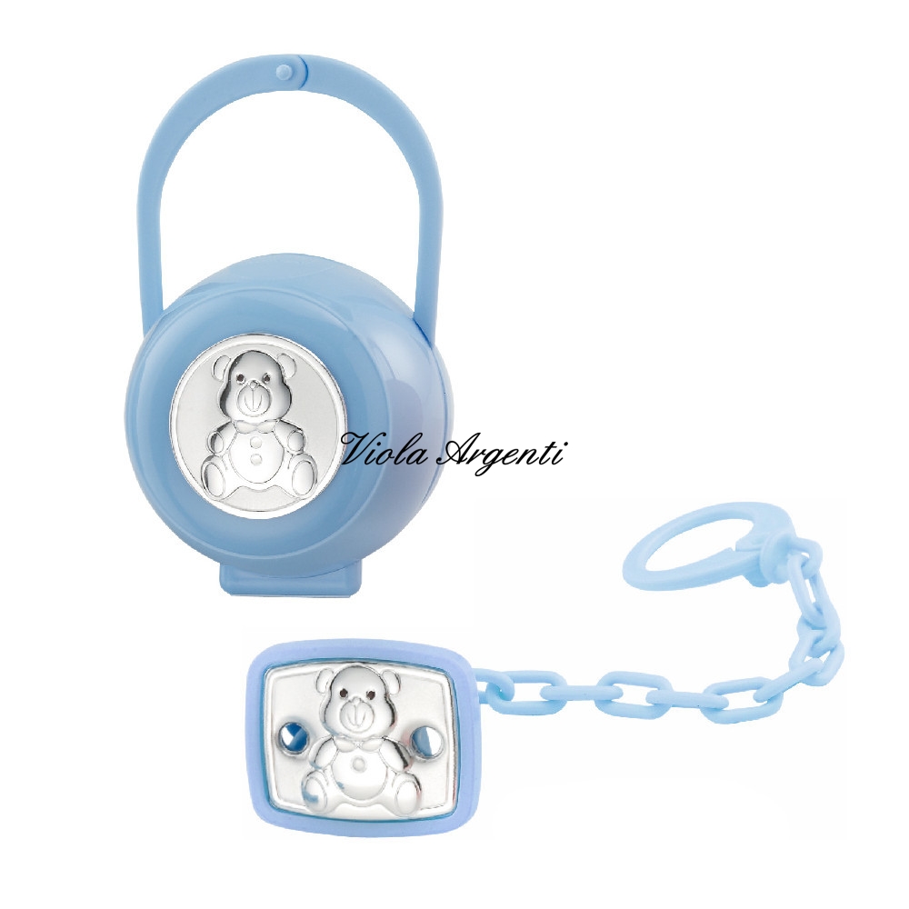 Scatola e pinza ciuccio orsetto azzurro di . Argento online