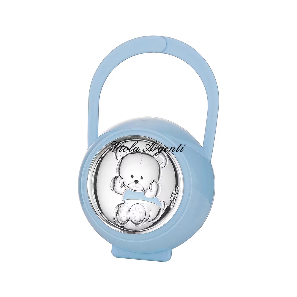 Porta ciuccio celeste con orsetto di . Argento online