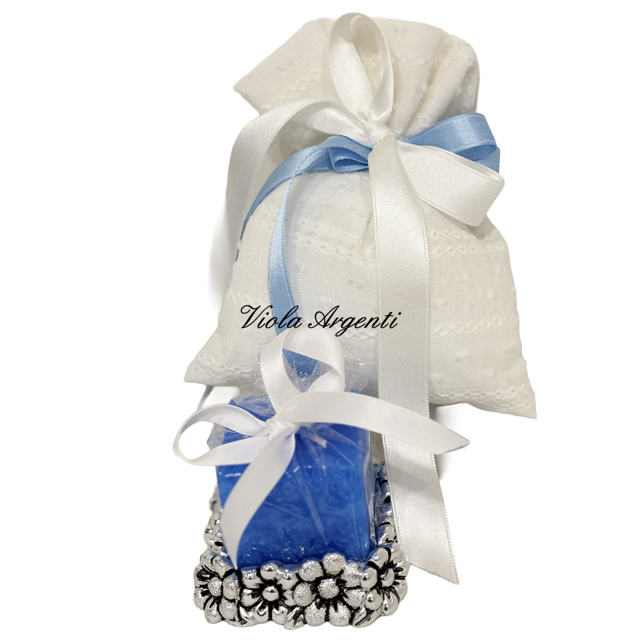 Bomboniera completa di sacchetto confetti e porta candela di . Argento online