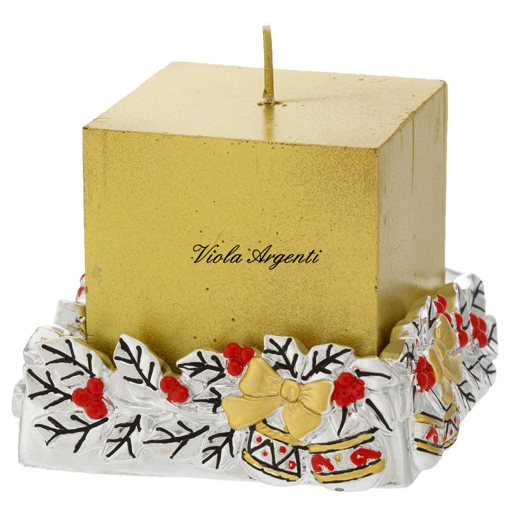 Candela Oro con Portacandela in Resina Argentata –con Decoro Agrifoglio di . Argento online